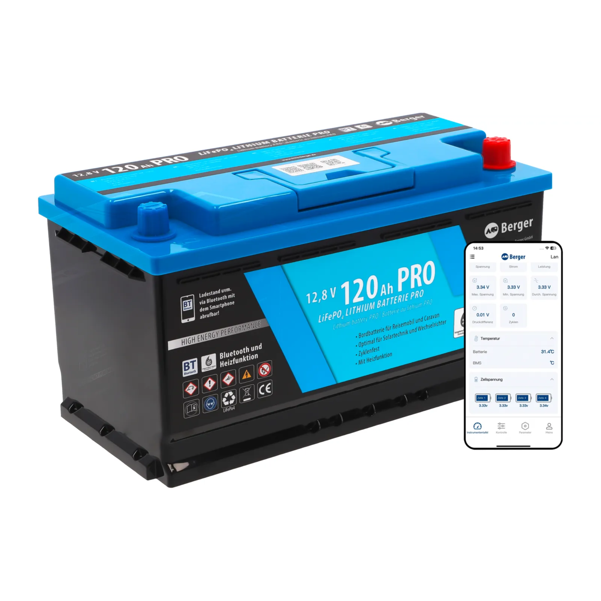 Lithiumbatterie 120Ah mit Bluetooth/BMS/Heizung + Einbau