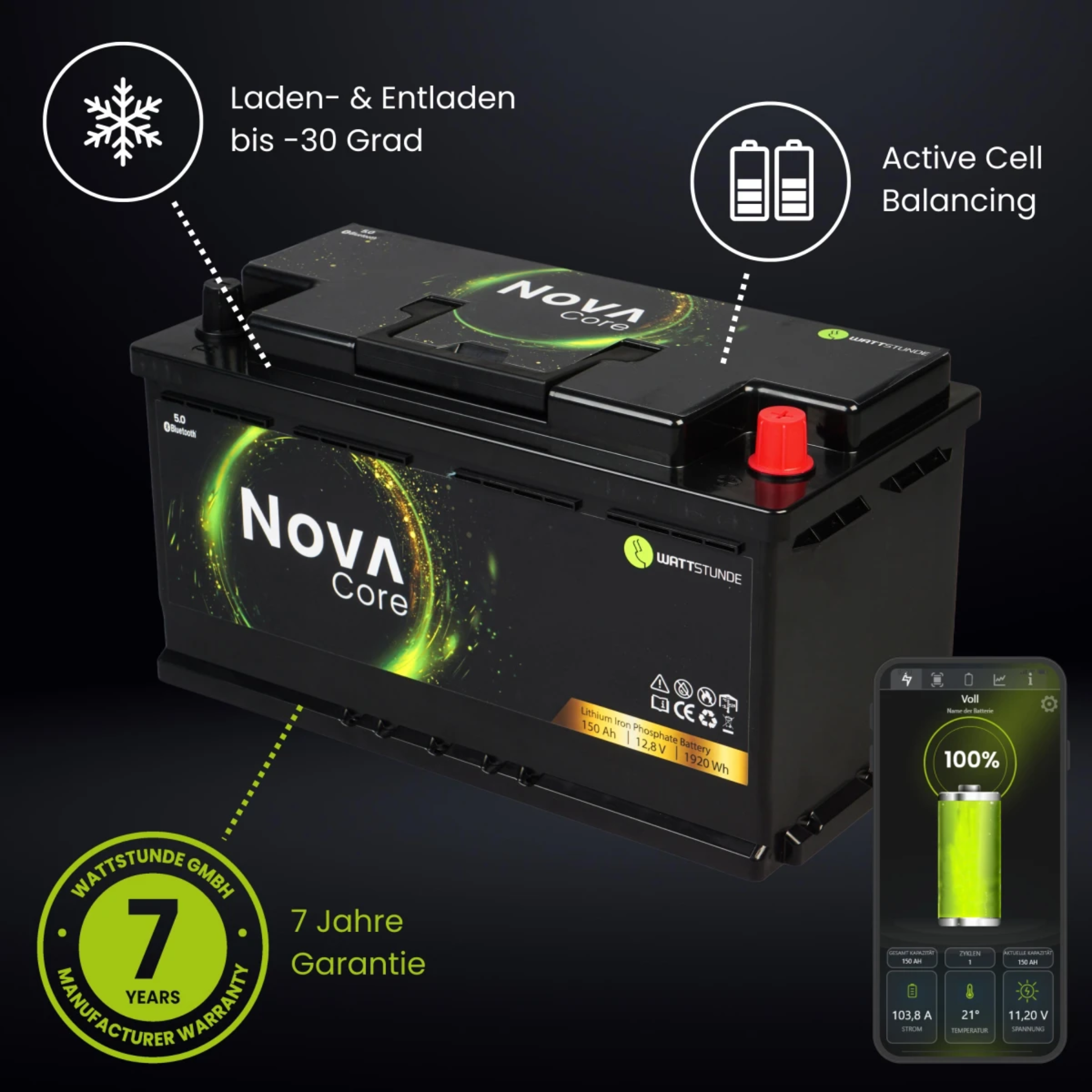 2 × Wattstunde Nova Core 150 Ah Lithiumbatterie – mit Bluetooth / BMS / Heizung & Einbau